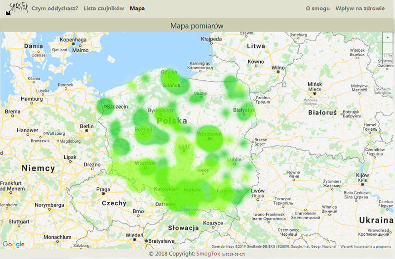 Mapa czystości powietrza SmogTok, stan z dnia 01.07.2019 r.