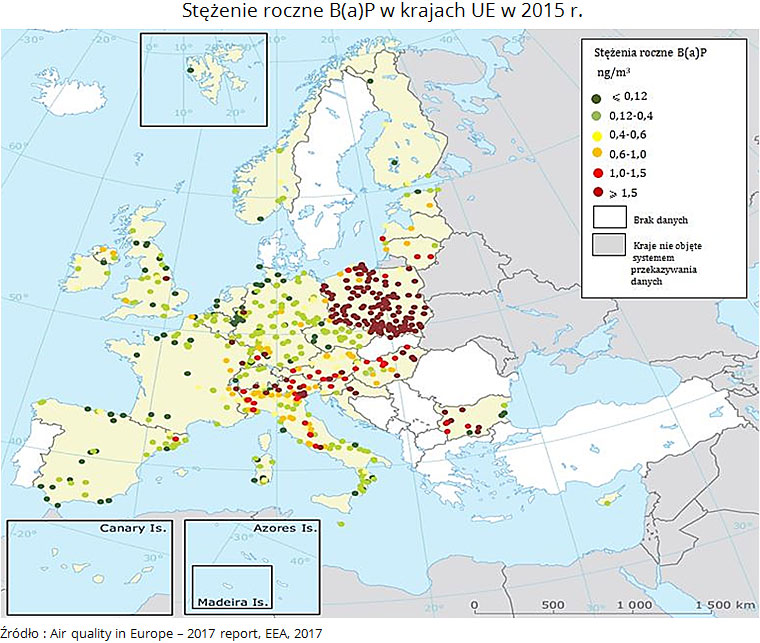 mapa europy przedstawiająca stężenie benzopirenem w poszczególnych krajach
