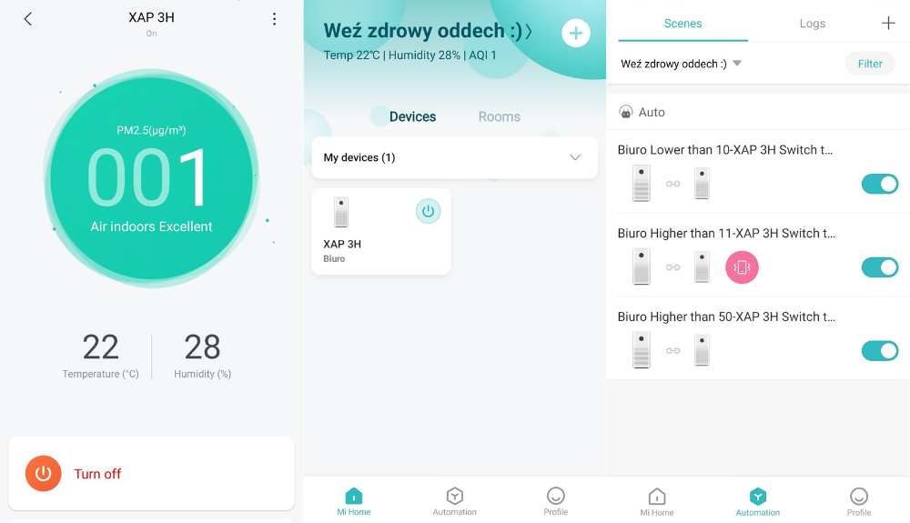 Zrzuty ekranu z aplikacji do oczyszczaczy powietrza Xiaomi