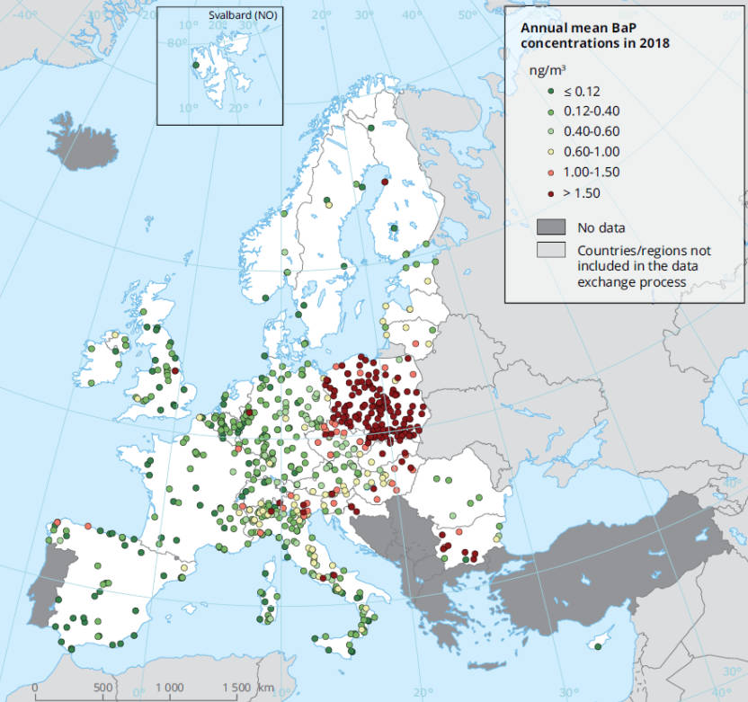 Stężenie benzoapirenu w Polsce i Europie, mapa uwzględniająca dane z 2018 roku