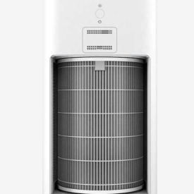 Oczyszczacz powietrza Xiaomi Air Purifier 2H na szarym tle z widocznym filtrem cylindrycznym.