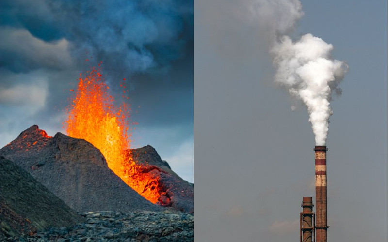Wybuchający wulkan i dymiący komin fabryki