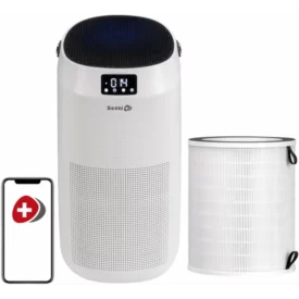 oczyszczacz powietrza Setti+ AP600W z przodu wraz z filtrem i aplikacją mobilną
