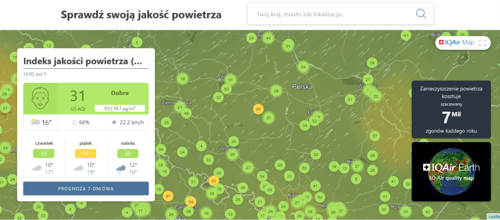 Indeks AQI na stronie IQair screenshot z  mapą Polski