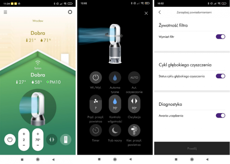Jakość powietrza w aplikacji mobilne oczyszczacz Dyson