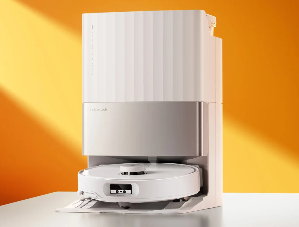 Roborock Qrevo Edge 5v1 na pomarańczowym tle. Materiały producenta Roborock