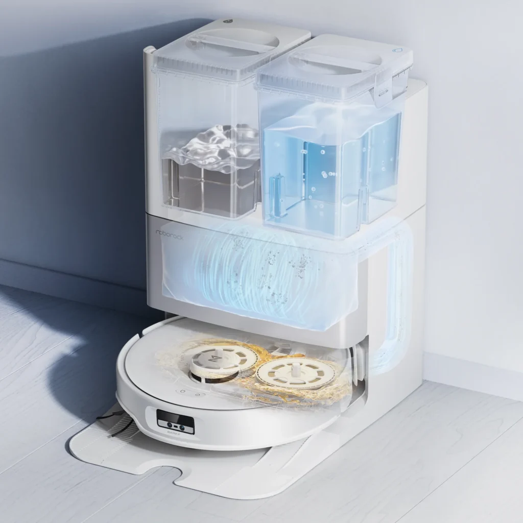 Stacja opróżniająca i wymieniająca wodę. Myje mopy w temperaturze 75 stopni i suszy w temp. 45 stopni Celsjusza