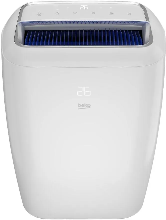 Biały klimatyzator przenośny Beko BP113H z przodu. Materiały producenta Beko