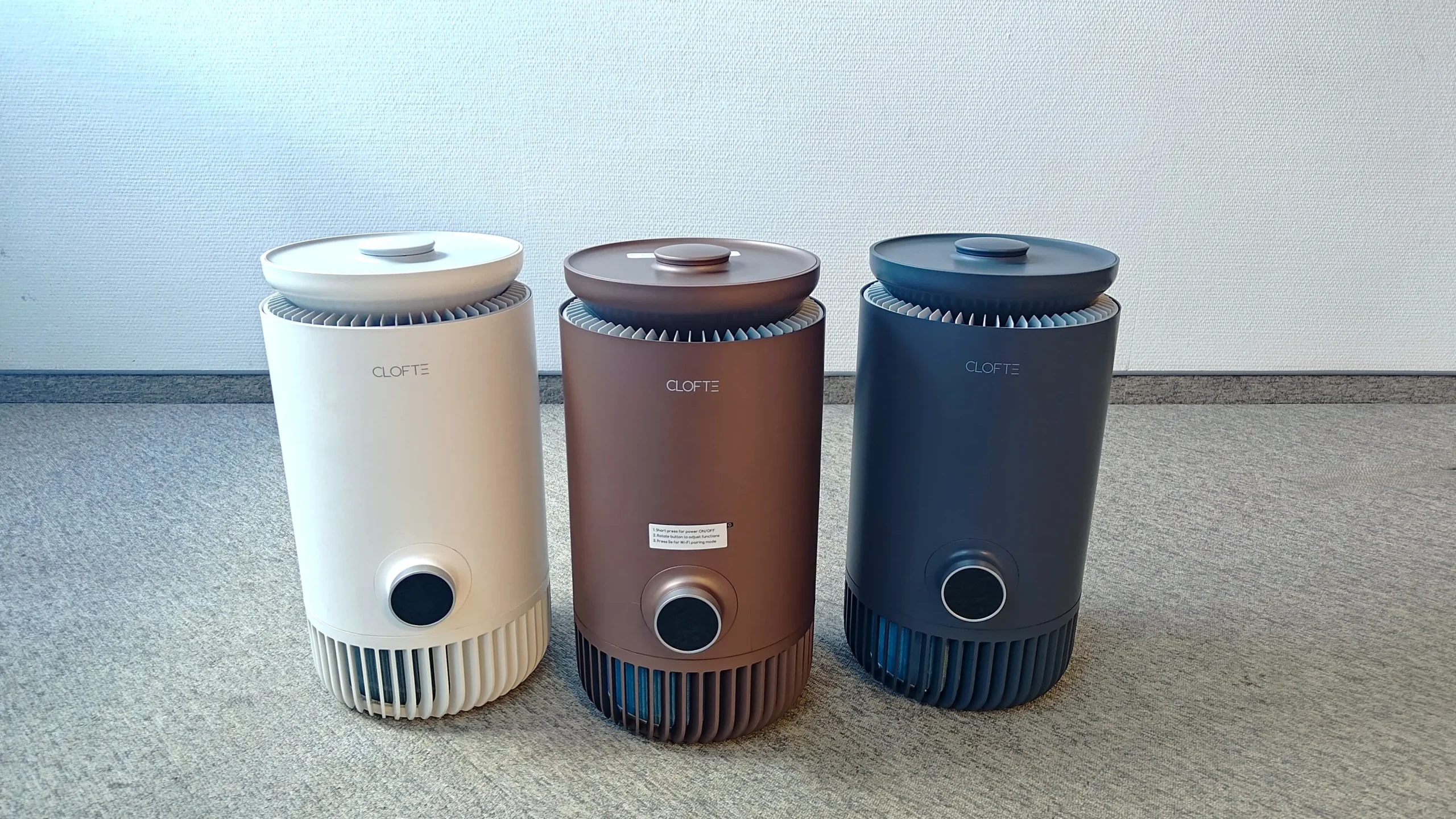 3 kolory nawilżacza z oczyszczaczem Clofte Duo 400. Źródło: Materiały własne Ranking-Oczyszczaczy.pl