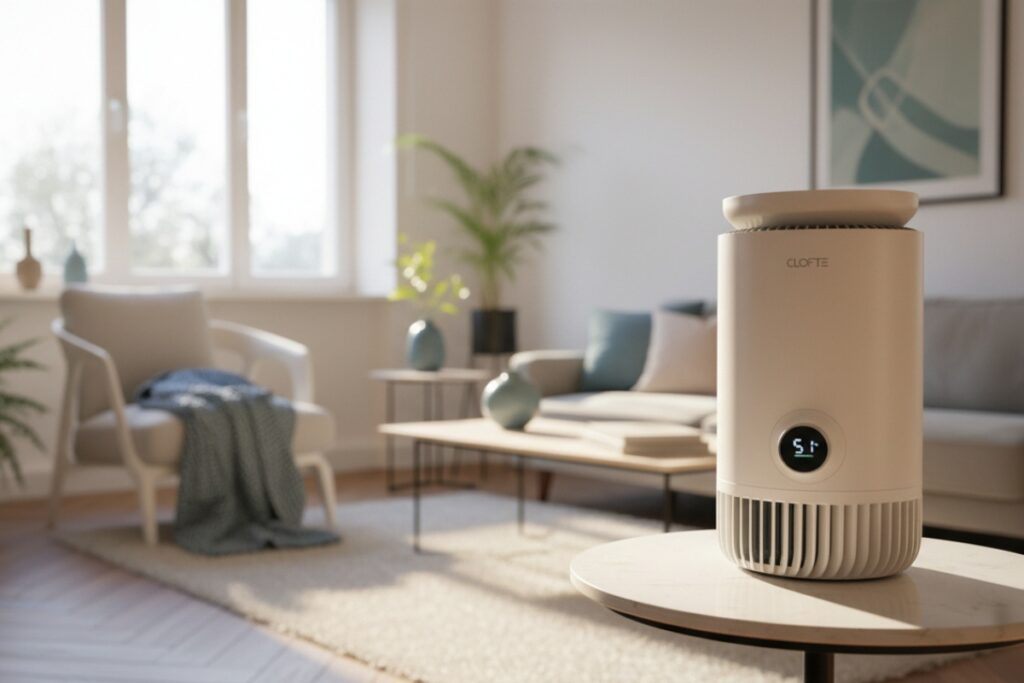 Oczyszczacz z nawilżaczem powietrza Clofte Duo 400 ustawiony na stoliku kawowym w pokoju. Źródło: Materiały producenta Clofte