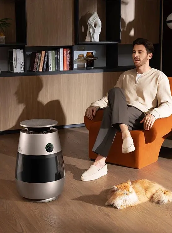 Dreame AP10 w towarzystwie alergika siedzącego w fotelu.