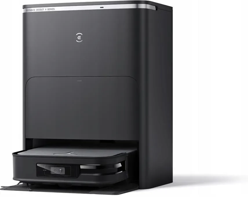 Ecovacs Deebot X2 Omni z przodu wraz ze stacją dokującą.