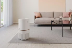 Oczyszczacz Pure 500 na dywaniku w salonie. Materiały producenta Electrolux