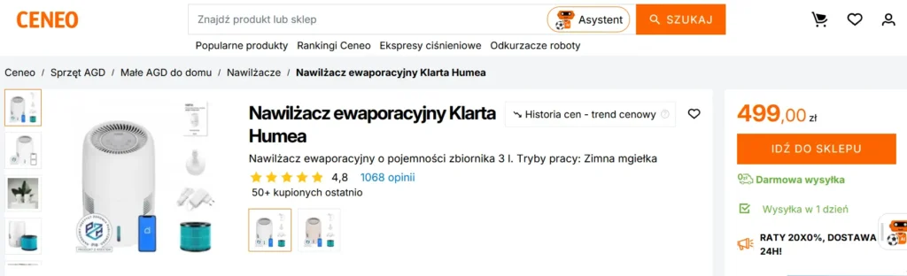 Opinie o nawilżaczu powietrza Klarta Humea. Źródło: Zrzut ekranu z serwisu Ceneo.pl