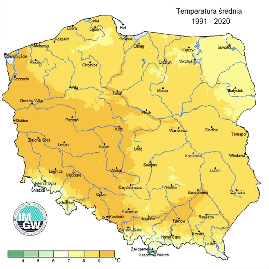 Średnie roczne temperatury w latach 1991-2020. Źródło: IMGW-PIB