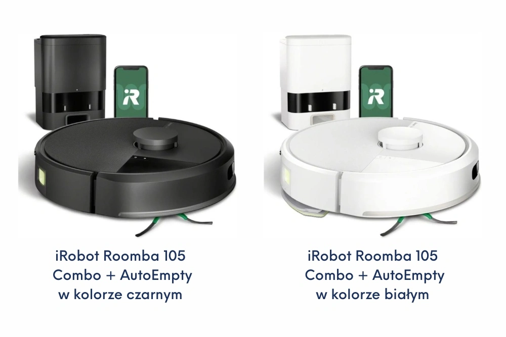 iRobot Roomba 105 Combo + AutoEmpty w wersji białej i czarnej. Grafika własna na podstawie materiałów producenta