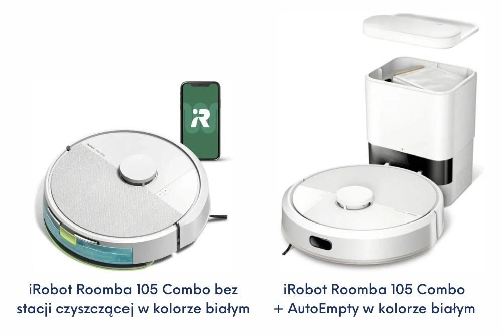 iRobot Combo 105 Combo + AutoEmpty oraz wersja bez stacji opróżniającej. Materiały producenta iRobot.