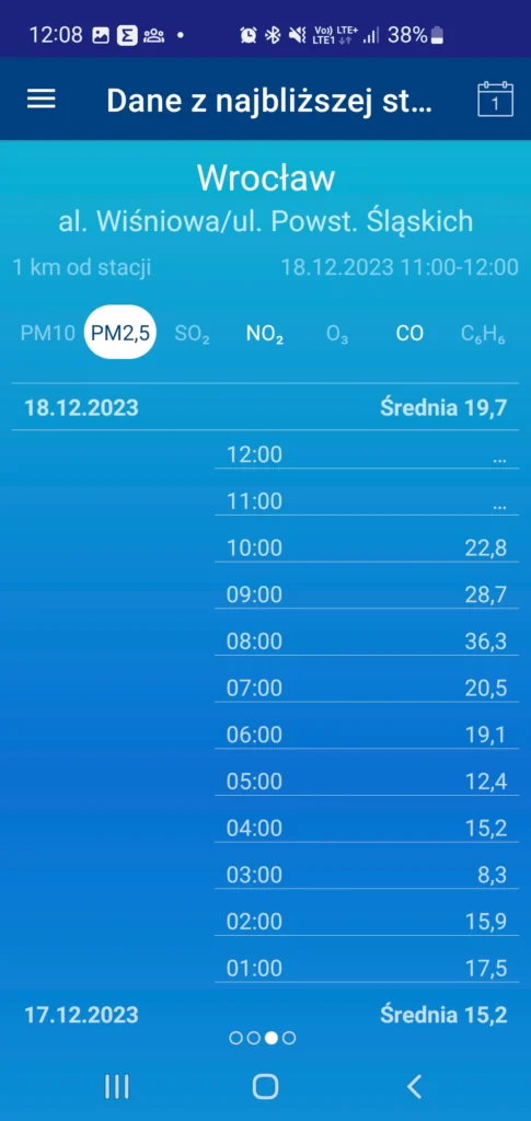 Dane z najbliższej stracji pomiarowej w aplikacji Jakość powietrza w Polsce