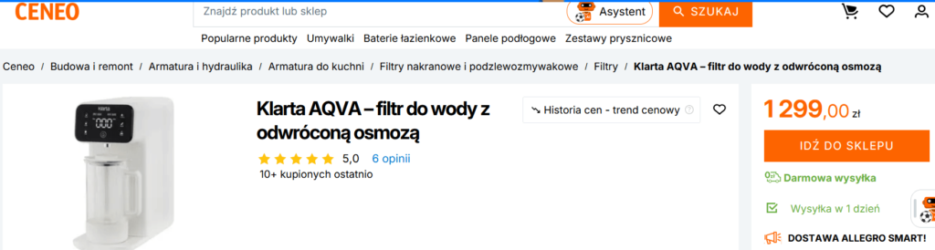 Opinie o filtrze do wody Klarta Aqva. Źródło: Zrzut ekranu z serwisu Ceneo.pl