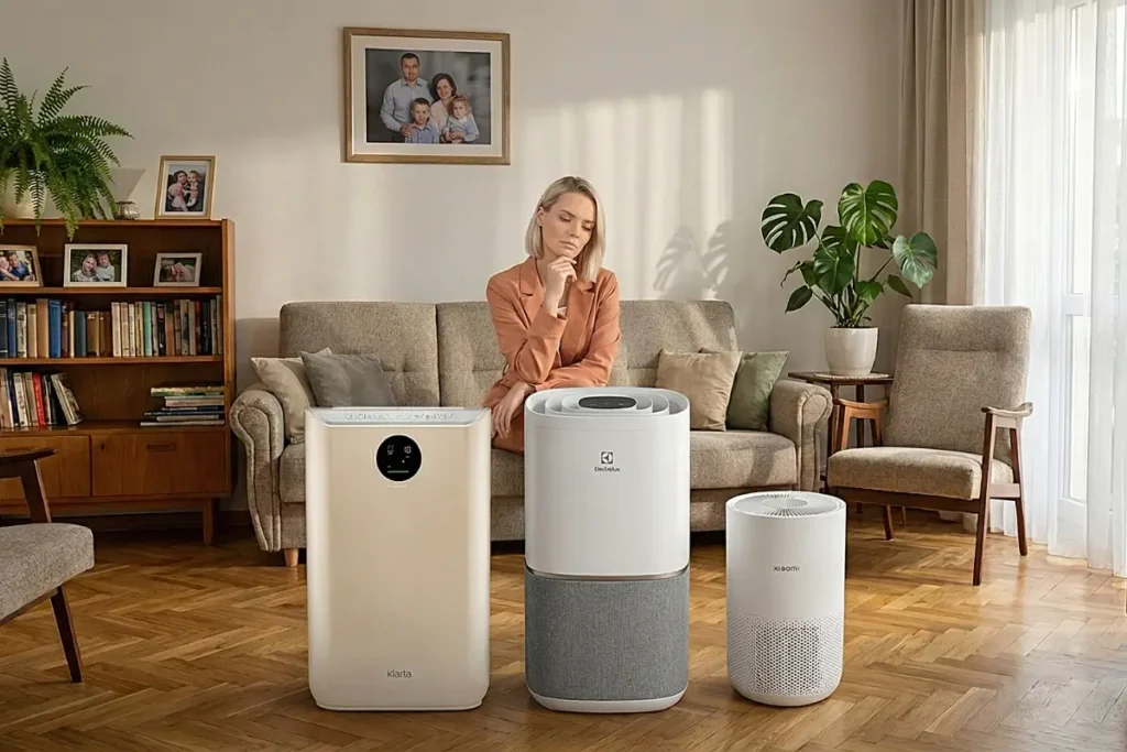 Kobieta zastanawiająca się nad wyborem oczyszczacza. Grafika własna na podstawie Canva.com