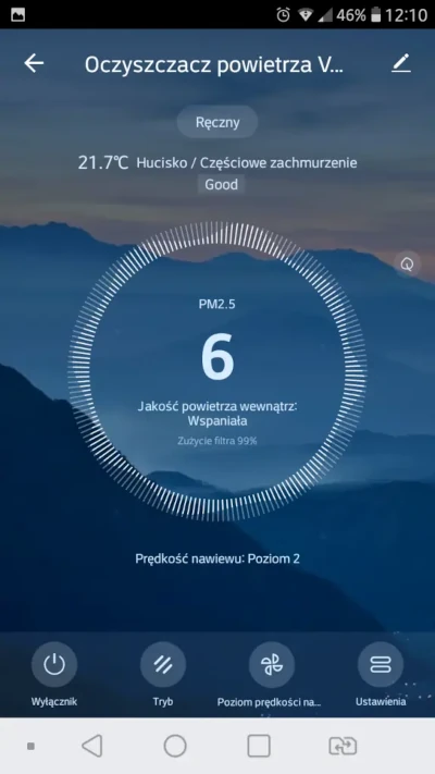 Aplikacja Tuya Smart dla oczyszczacza powietrza Vestfrost, panel główny i poziom zanieczyszczeń, źródło: materiały własne