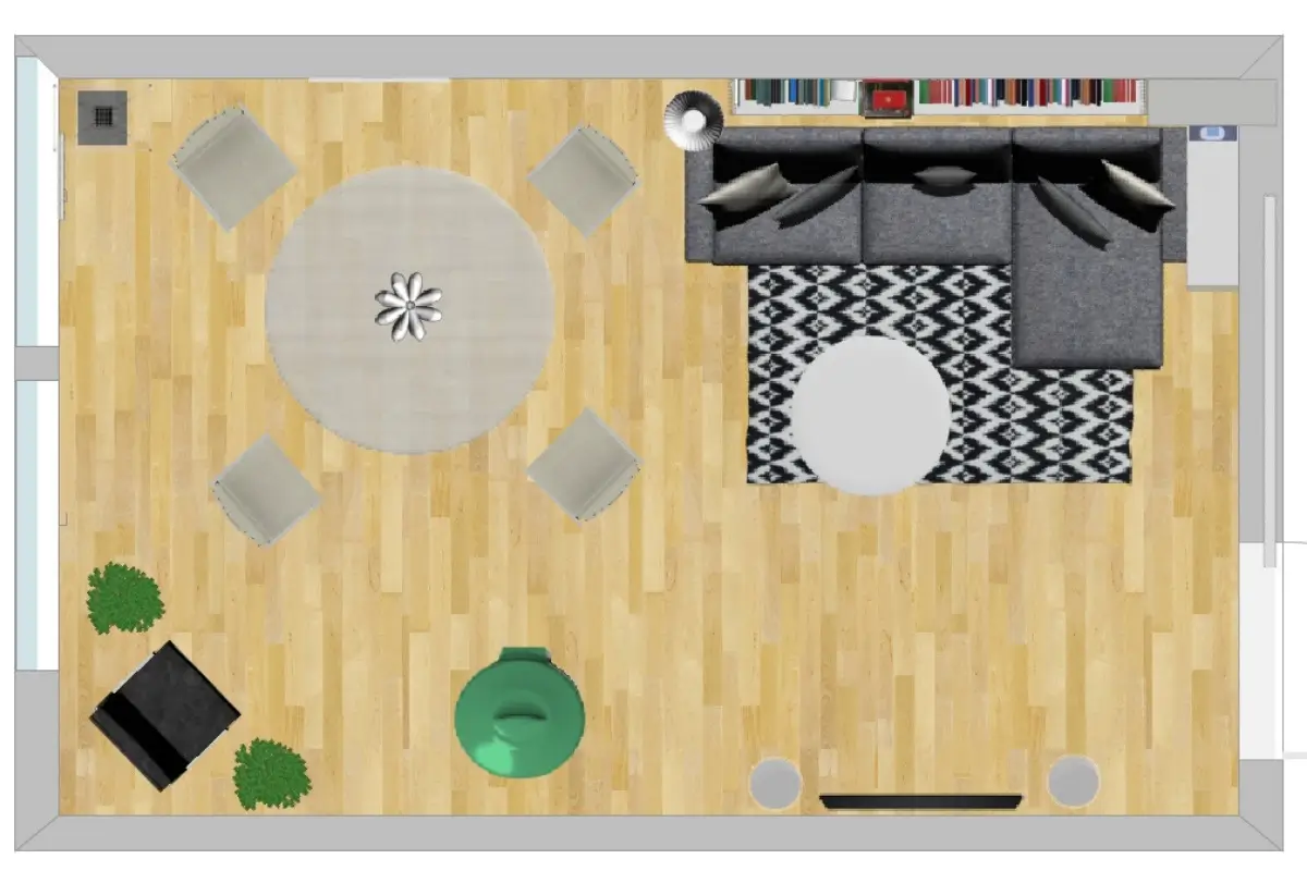 Oczyszczacz powietrza stojący na środku salonu, z ułatwioną wymianą powietrza. Grafika własna na podstawie programu Roomsktecher.