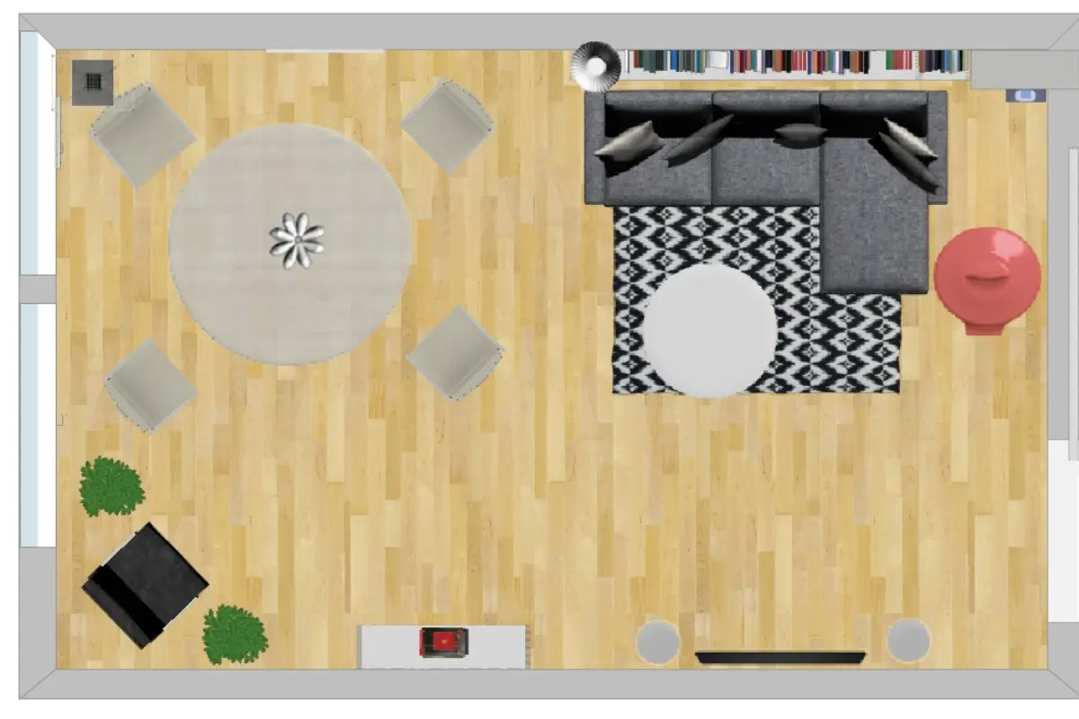 Oczyszczacz powietrza w salonie ustawiony za kanapą, pomiędzy zestawem wypoczynkowy, a ścianą będzie definitywnie złym pomysłem. Grafika własna na podst. programu Roomsektcher