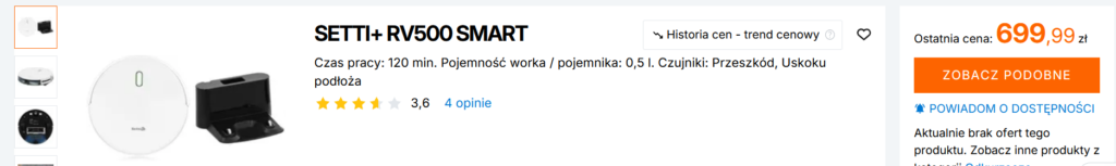 Zrzut ekranu dot. opinii o robocie sprzątającym Setti+ RV500. Źródło: Ceneo.pl