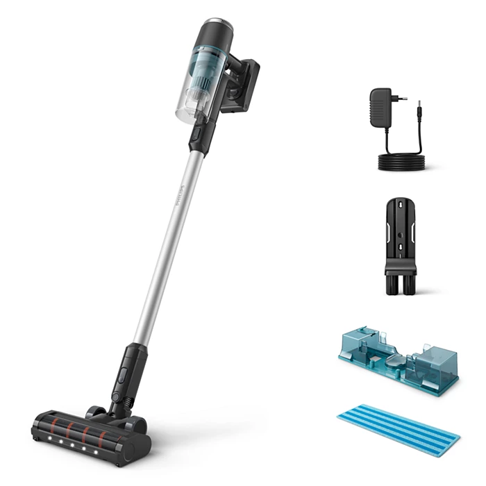 Odkurzacz pionowy z funkcją mycia Philips wraz z zestawem akcesoriów widziany od przodu i boku. Materiały producenta Philips