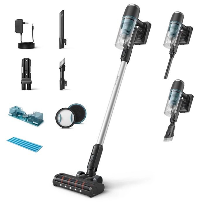 Odkurzacz pionowy z funkcją mycia Philips XC3133/01 wraz z zestawem akcesoriów widziany od przodu i boku. Materiały producenta Philips