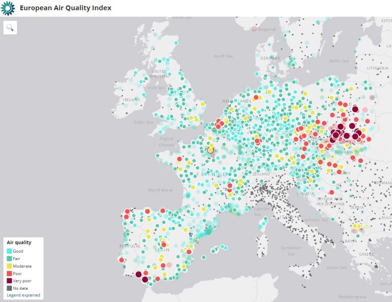 Mapa jakości powietrza w Europie, stan z listopada 2017 r.