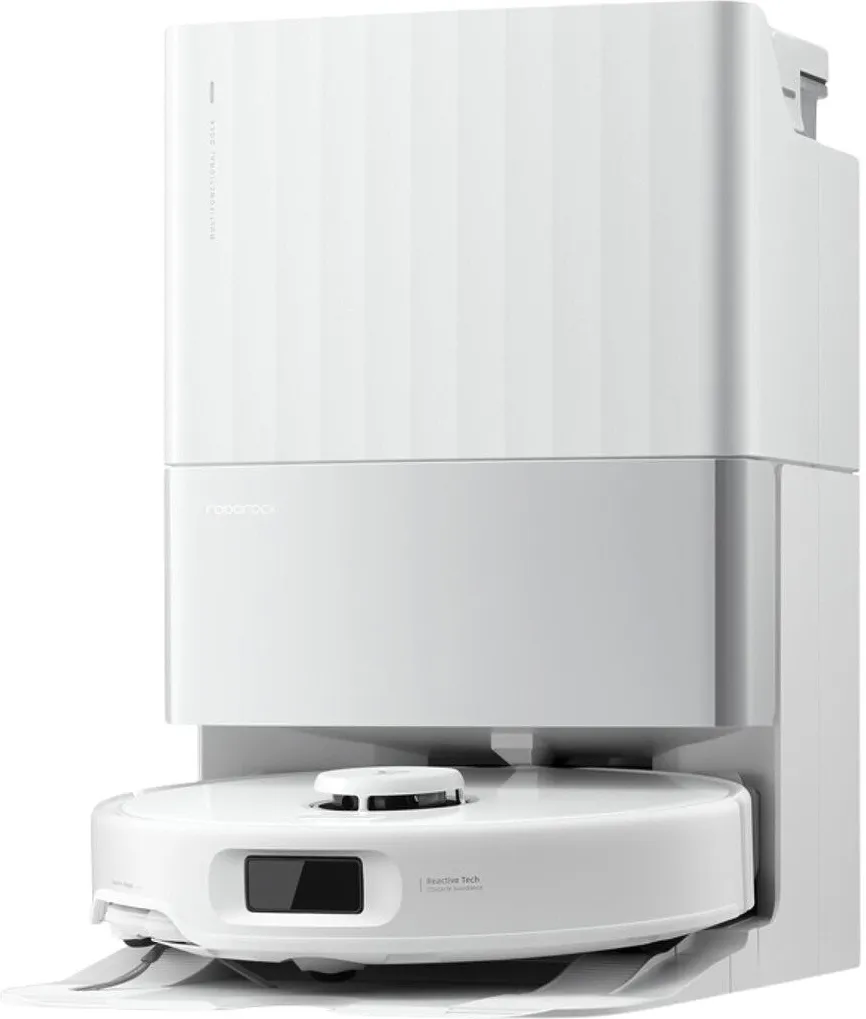 Przód i bok robota ze stacją ładująco-opróżniającą Roborock Qrevo Edge 5v1. Materiały producenta Roborock