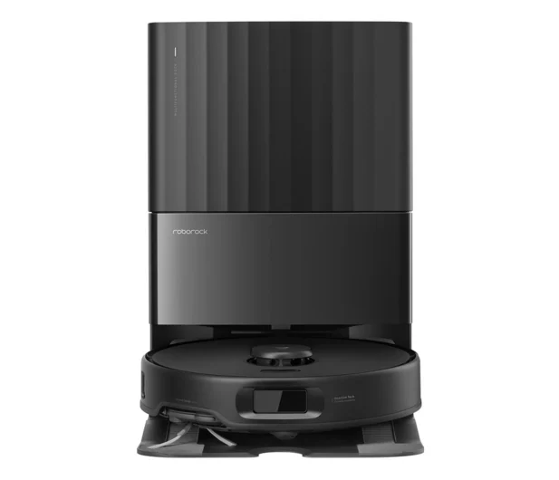 Roborock Qrevo Edge w wersji czarnej widziany od przodu i boku. Materiały producenta Roborock