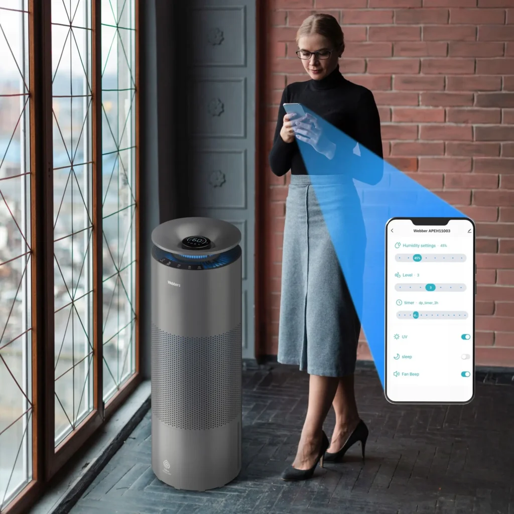 Sterowanie mobilne nawilżaczem Webber Taupe EH9004. Źródło: materiały producenta Webber