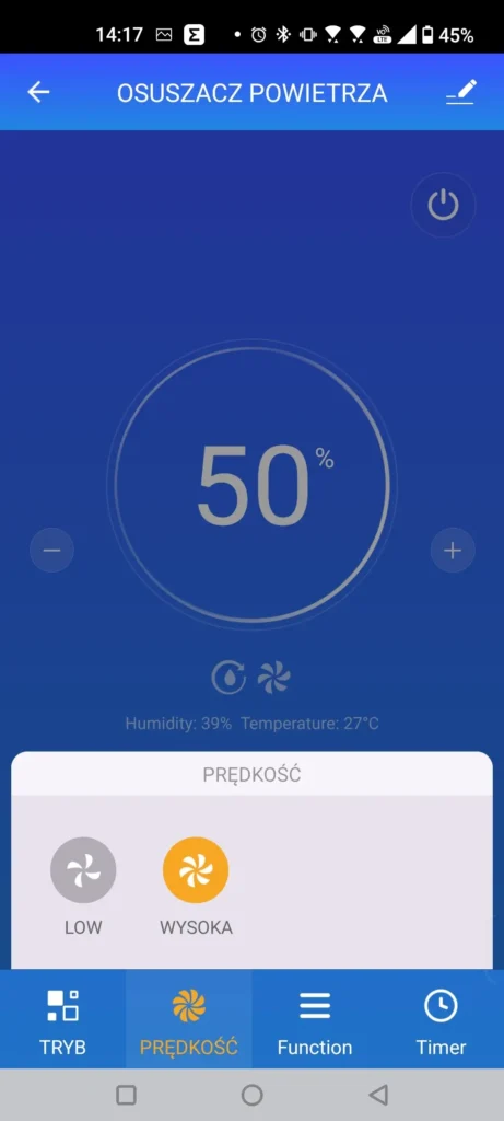 Wybór prędkości w aplikacji Tuya Smart dla osuszacza Welltec DHN30. Źródło: materiały własne Ranking-Oczyszczaczy.pl