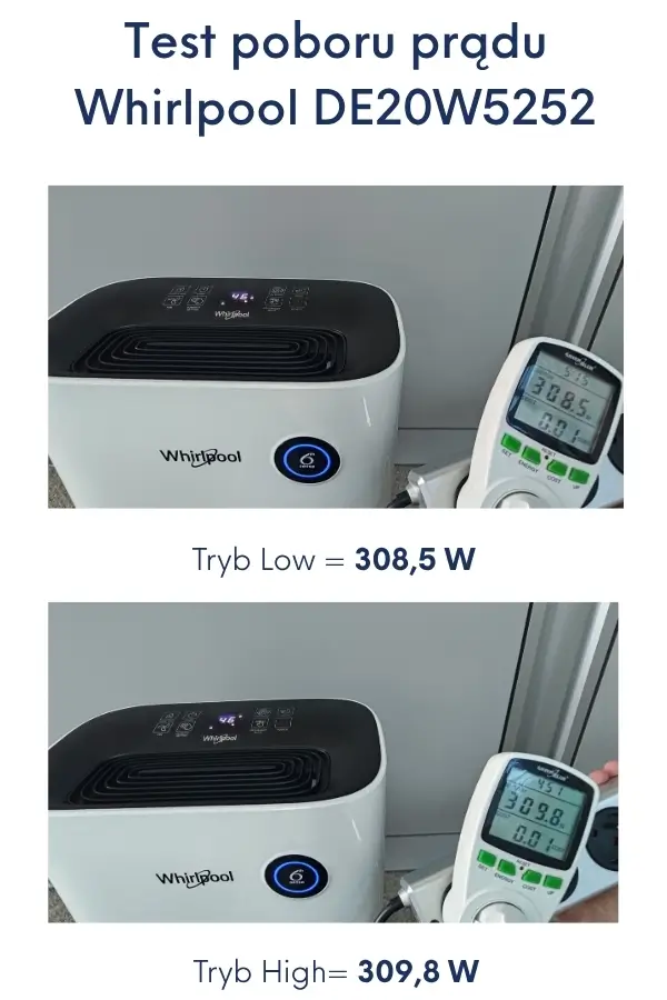 Whirlpool DE20W5252 pobór prądu. Źródło: materiały własne Ranking-Oczyszczaczy.pl