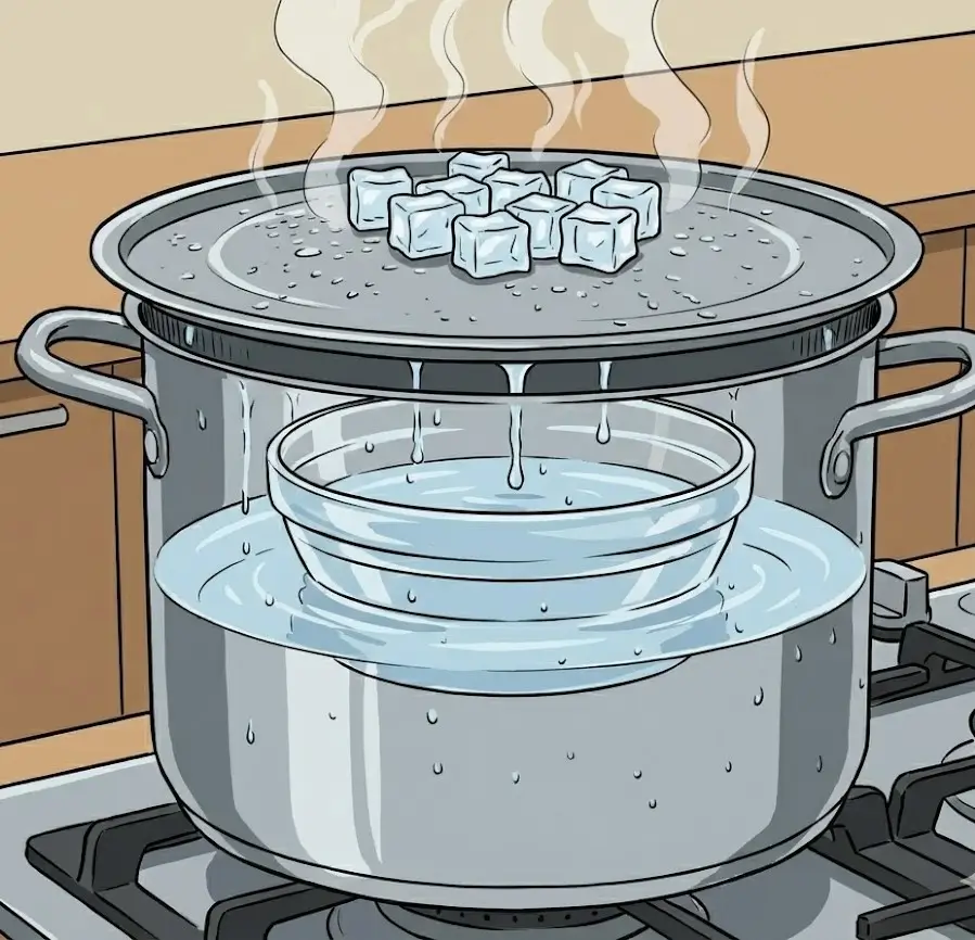 Rysunkowa ilustracja procesu destylacji wody. Źródło: Materiały własne Ranking-Oczyszczaczy.pl