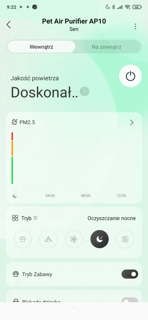 Wskazania poziomu zanieczyszczeń wewnątrz domu. Aplikacja DreameHome dla Dreame AP10. Źródło: zrzut ekranu z DreameHome.