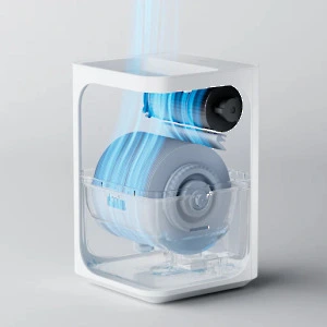 Ilustracja przedstawiająca mechanizm działania obrotowych dysków w Xiaomi Smartmi Evaporation Air Humidifier 3. Materiały producenta Xiaomi